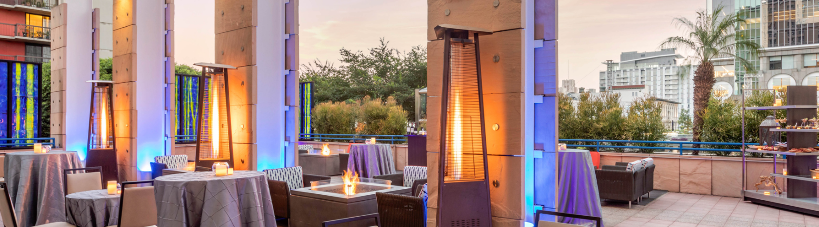 Rooftop Restaurant with Tall Patio Heaters and Fire Pits