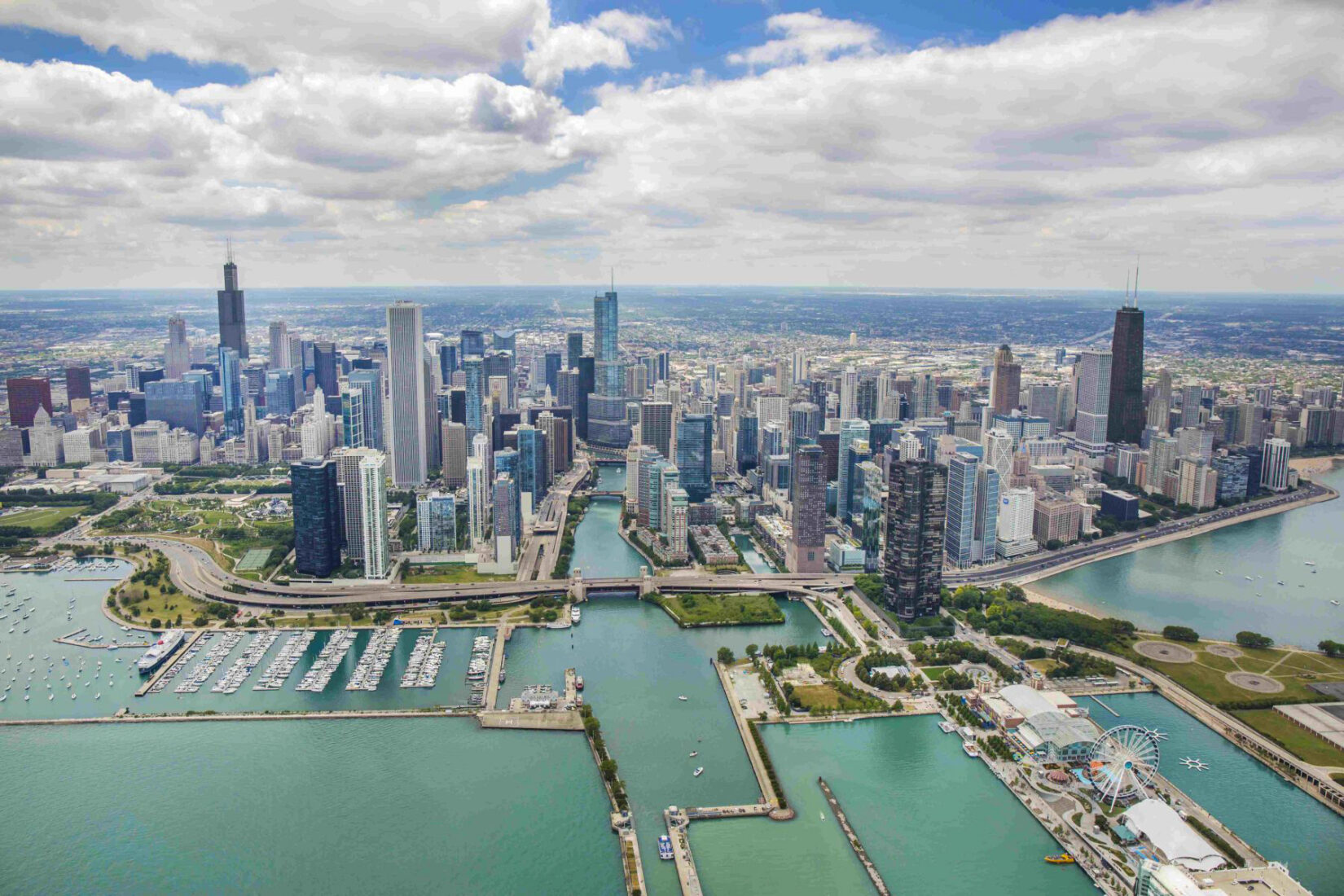 Aerial View of Chicago Skyline from Over the Bay