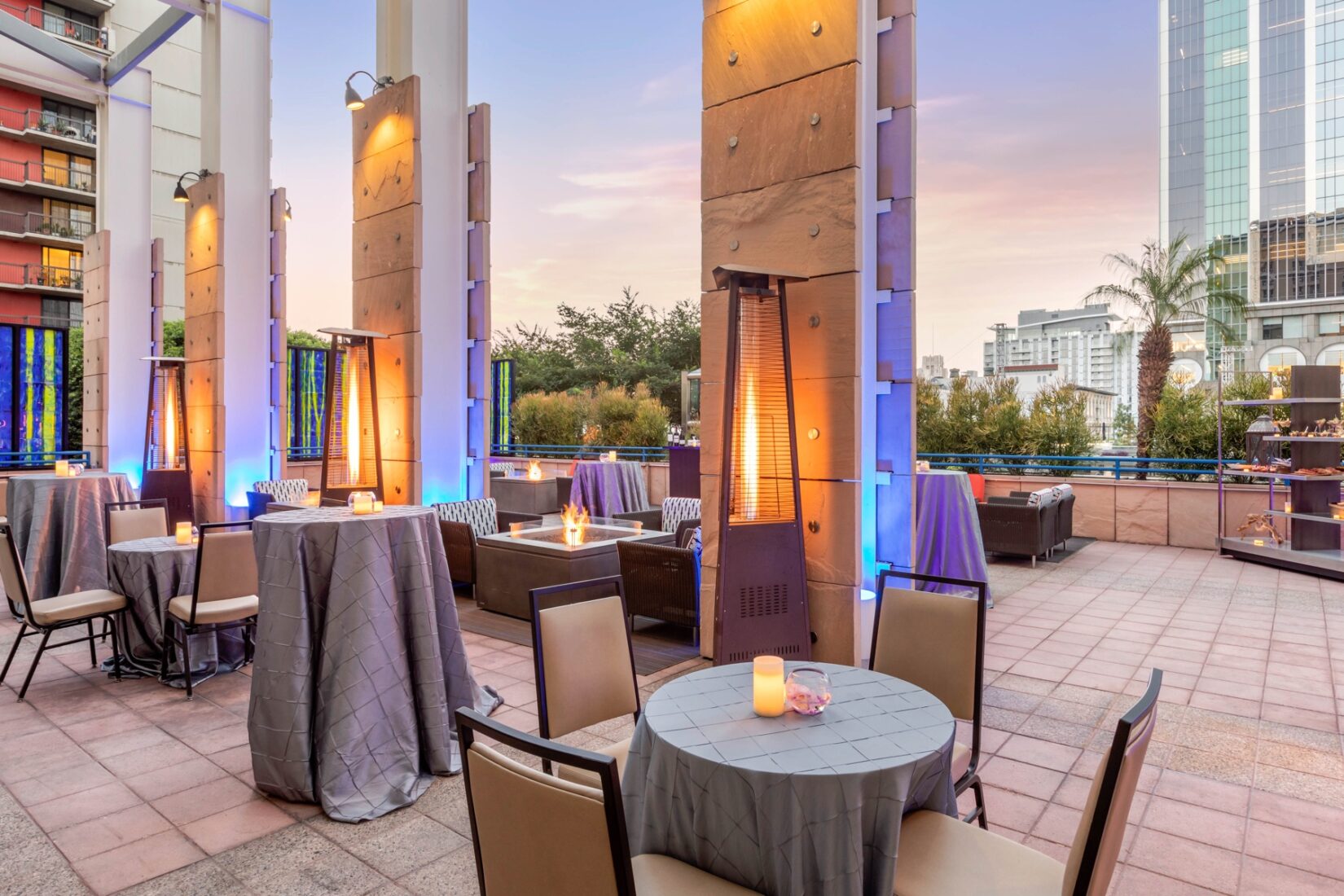 Rooftop Restaurant with Tall Patio Heaters and Fire Pits