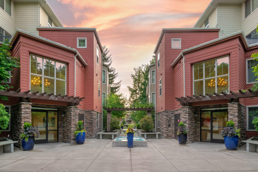 Outdoor view of apartment complex courtyard