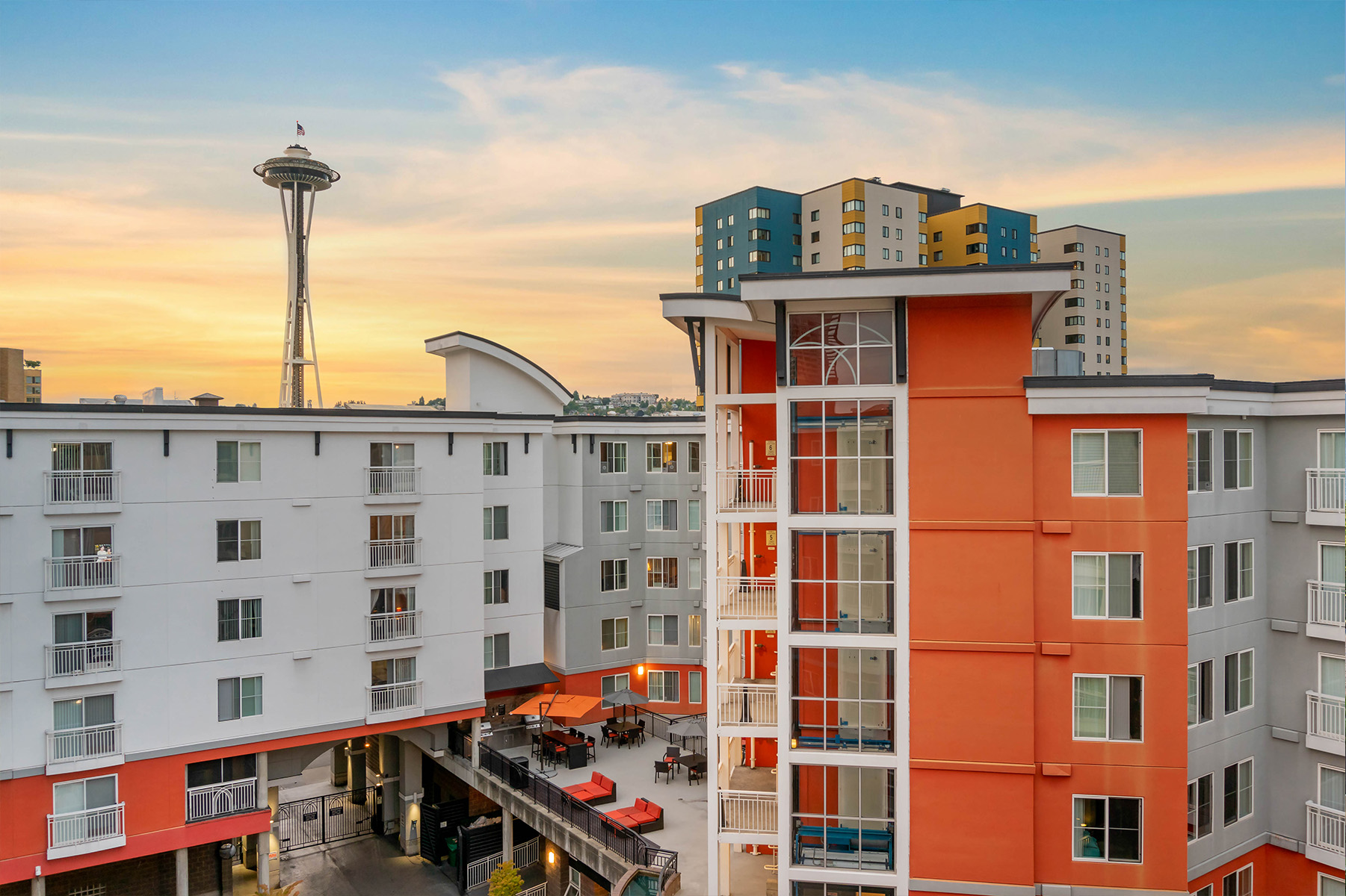 Exterior View of Orange and White Apartment Near the Seattle Space Needle