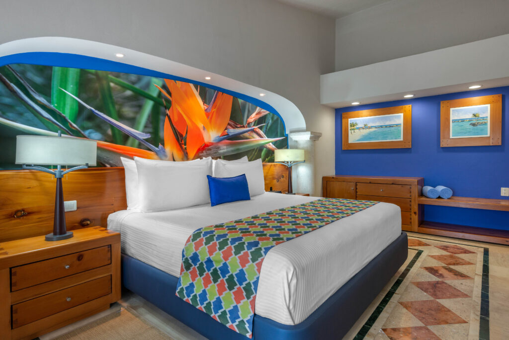 Modern tropical-themed hotel guest room