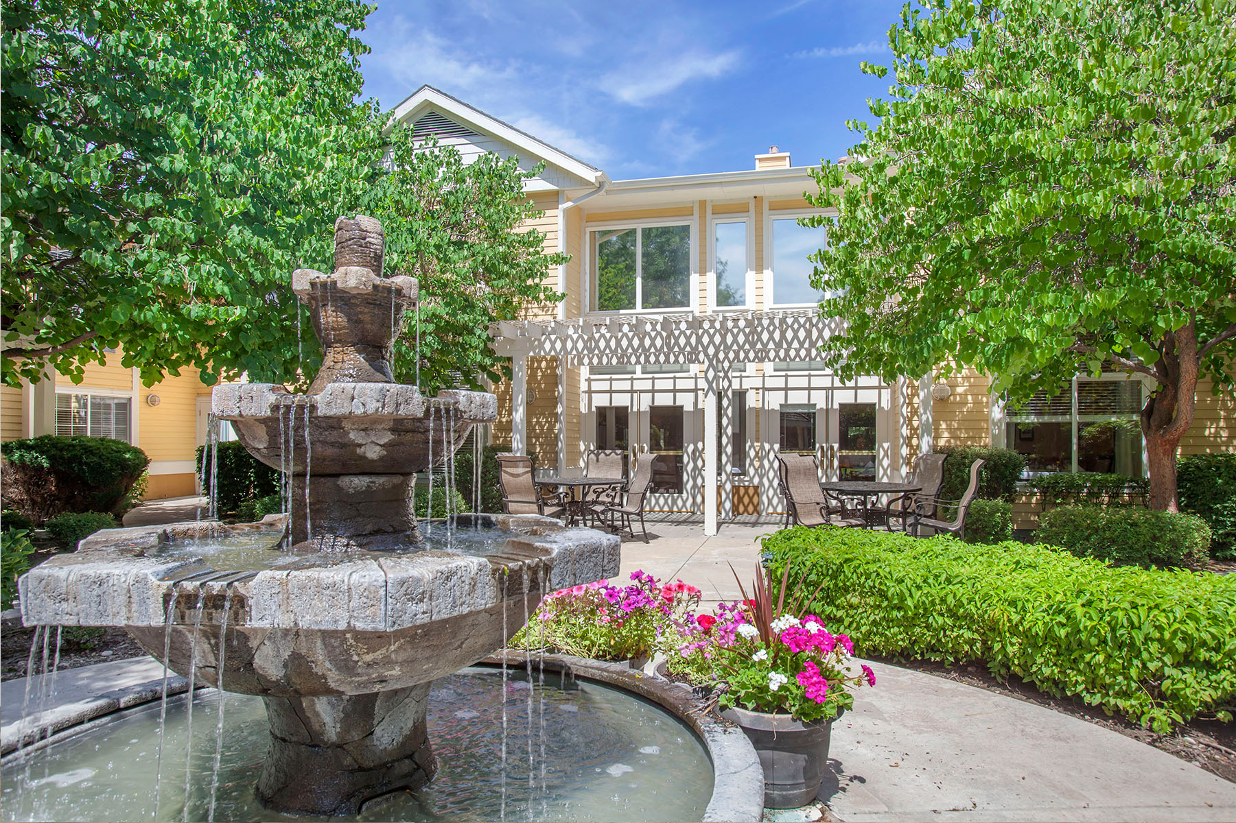 Closeup of Outdoor Fountain at Senior Community on Sunny Day