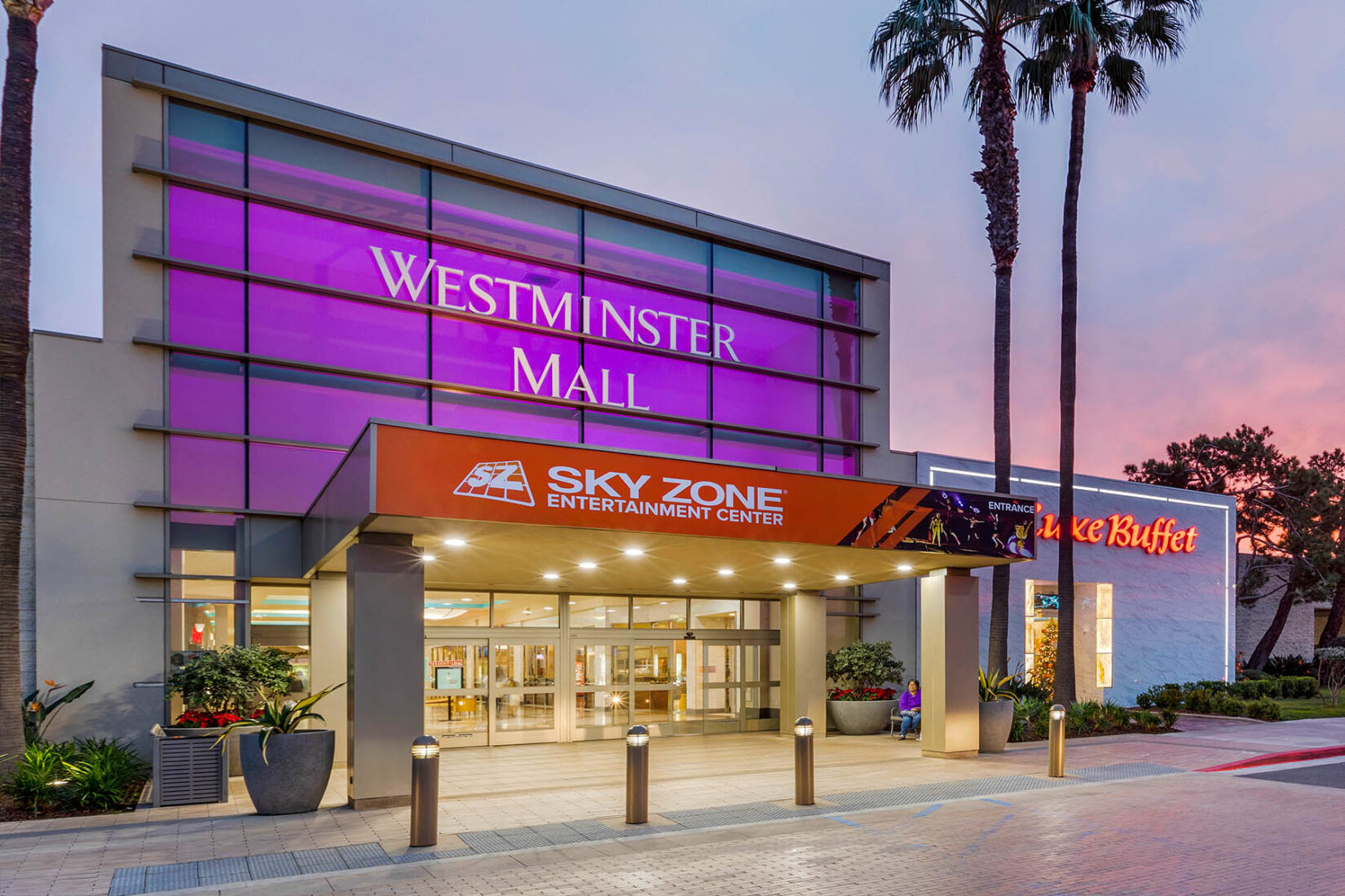 Westminster Mall Exterior at Sunset