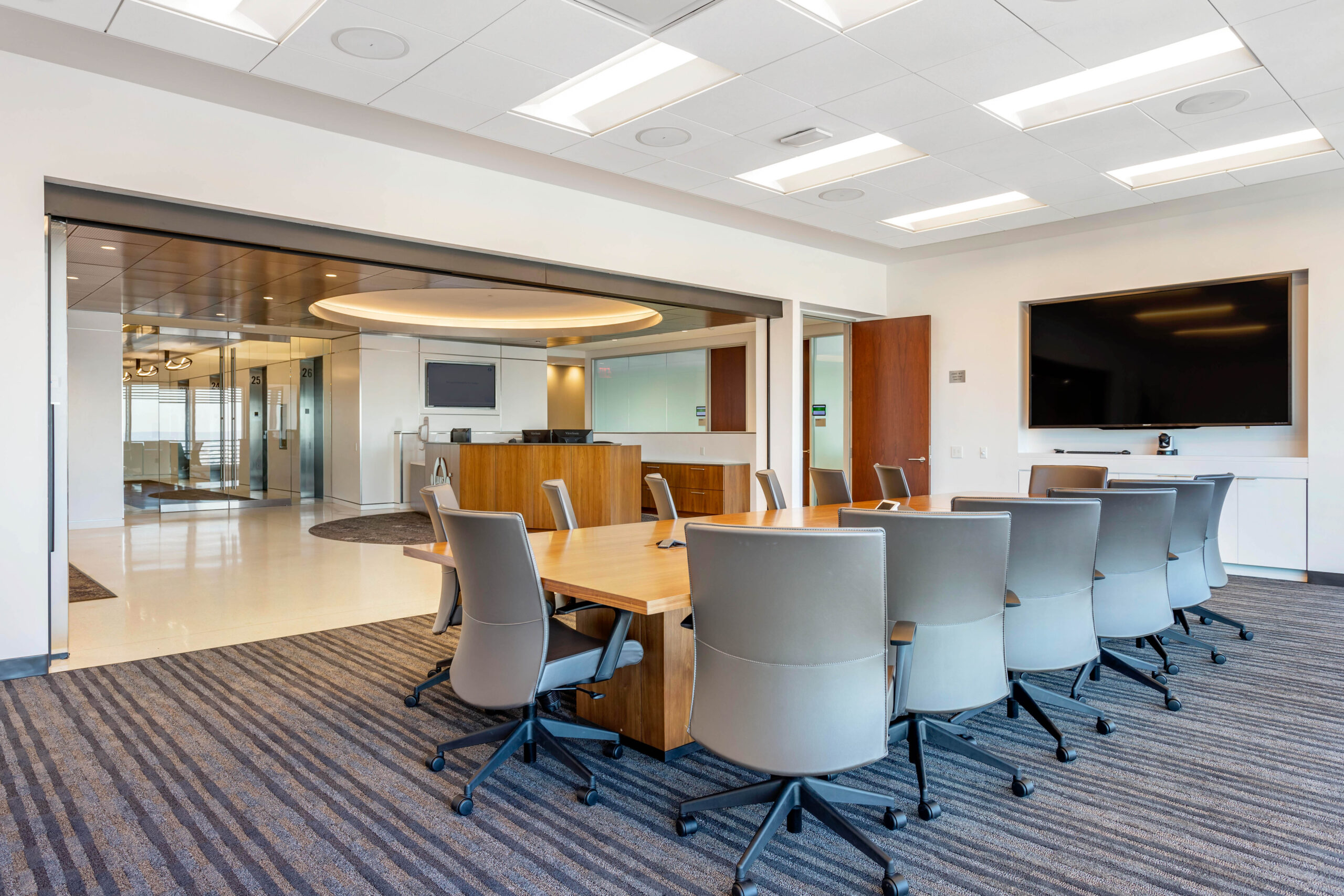 Photo of a contemporary office lobby and meeting space