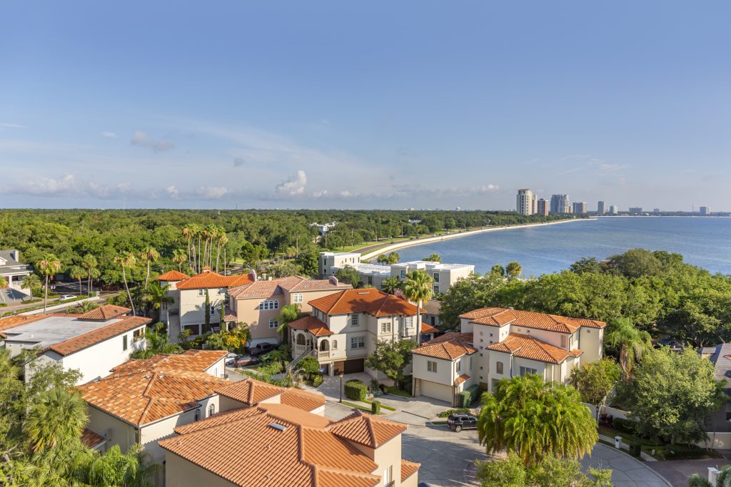 Bird's eye view of an upscale retirement community neighborhood.