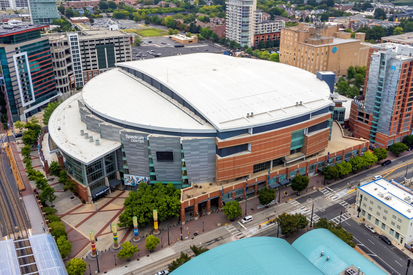 The Charlotte, North Carolina Spectrum Arena photographed with drone photography. Charlotte Real Estate Photography.