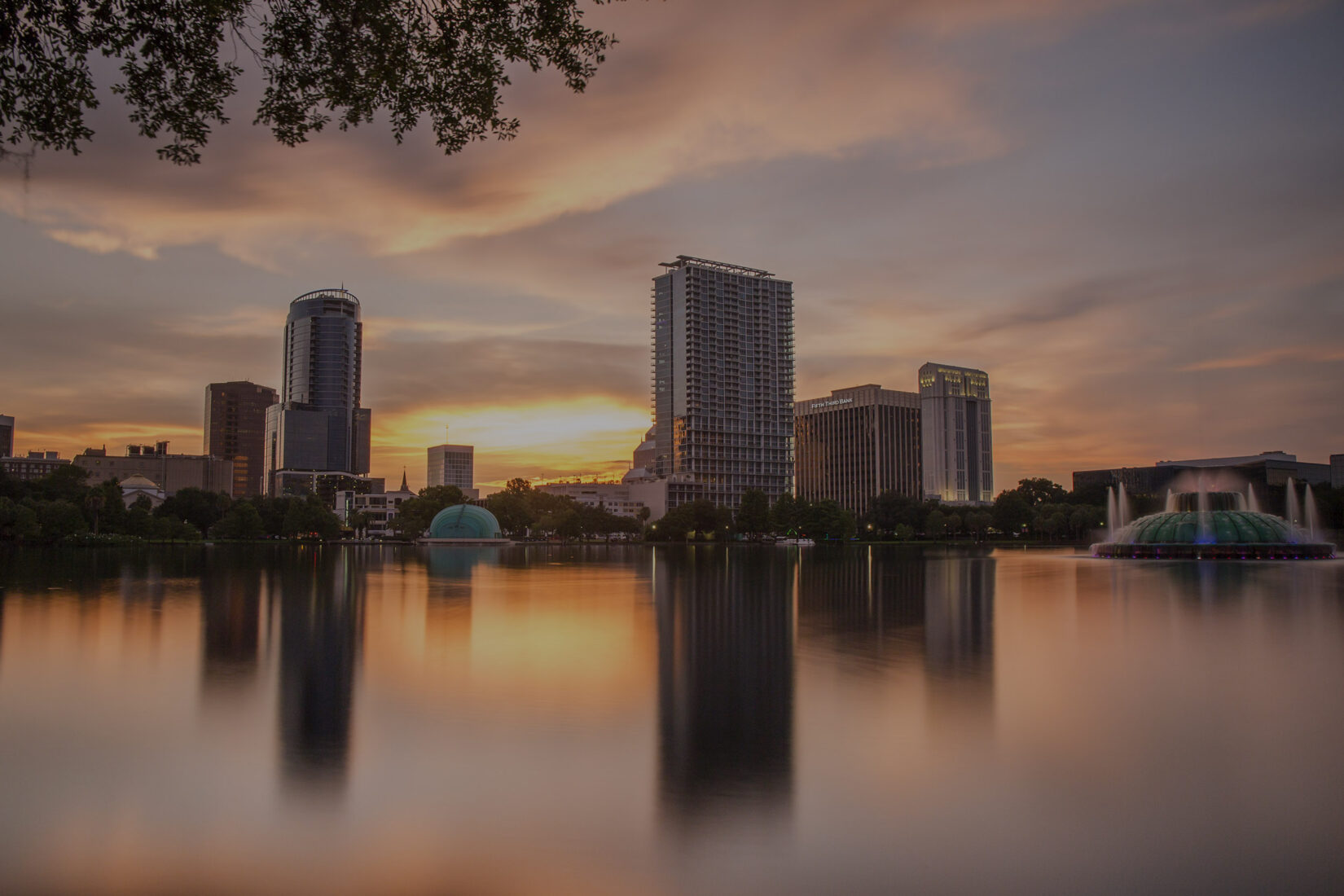 Downtown Orlando Lake Eola at sunset.