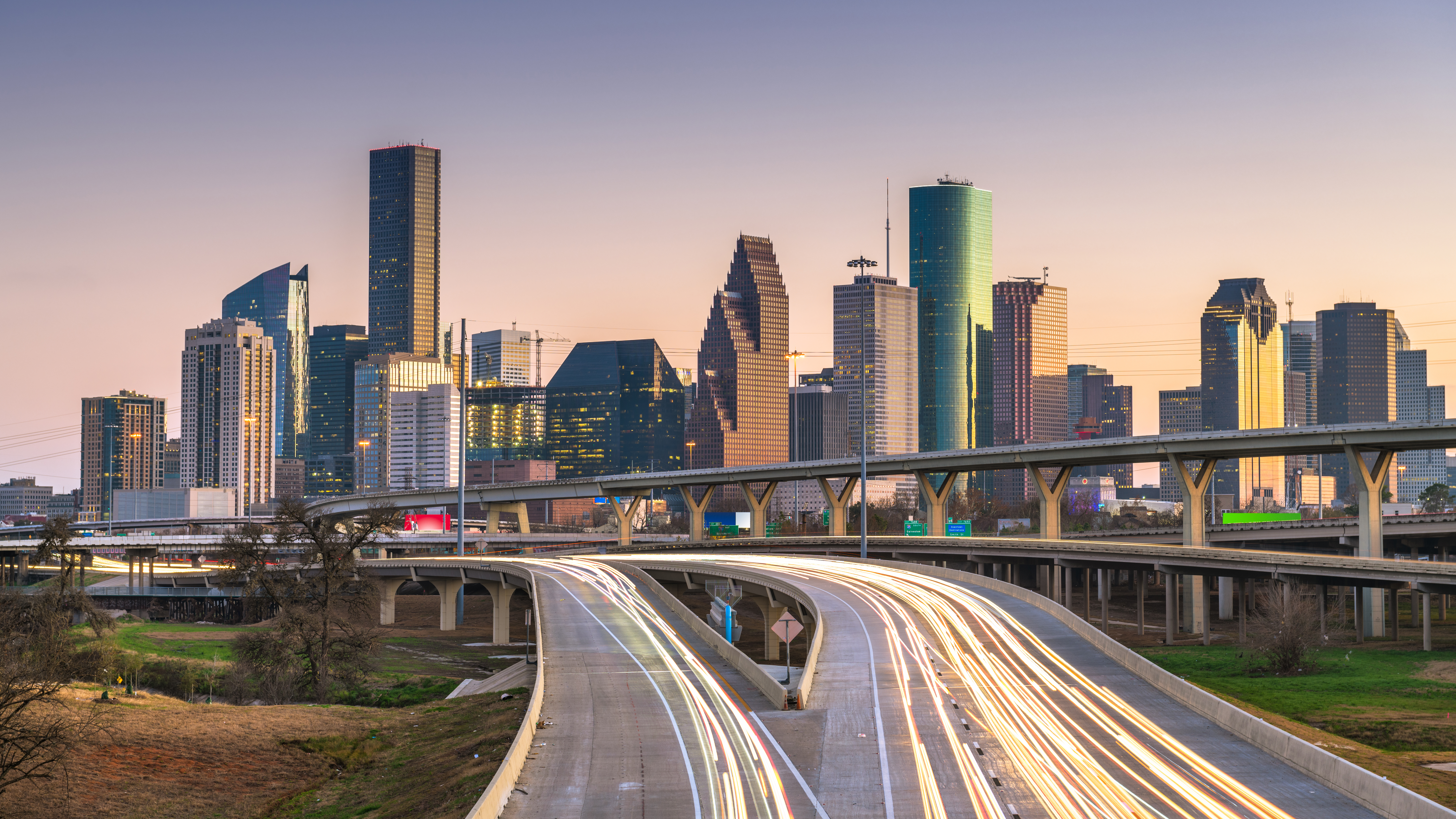 Houston, Texas, USA downtown city skyline and highway. Real estate photography Houston.