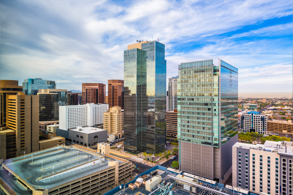 View of Phoenix city with a blue sky in the background. Aerial photography phoenix.