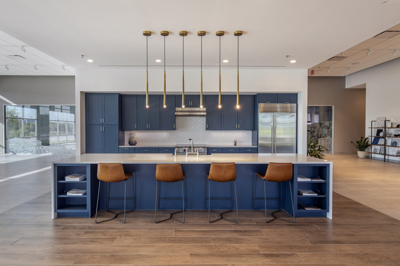 Home Kitchen with Blue Island and Brown Seating