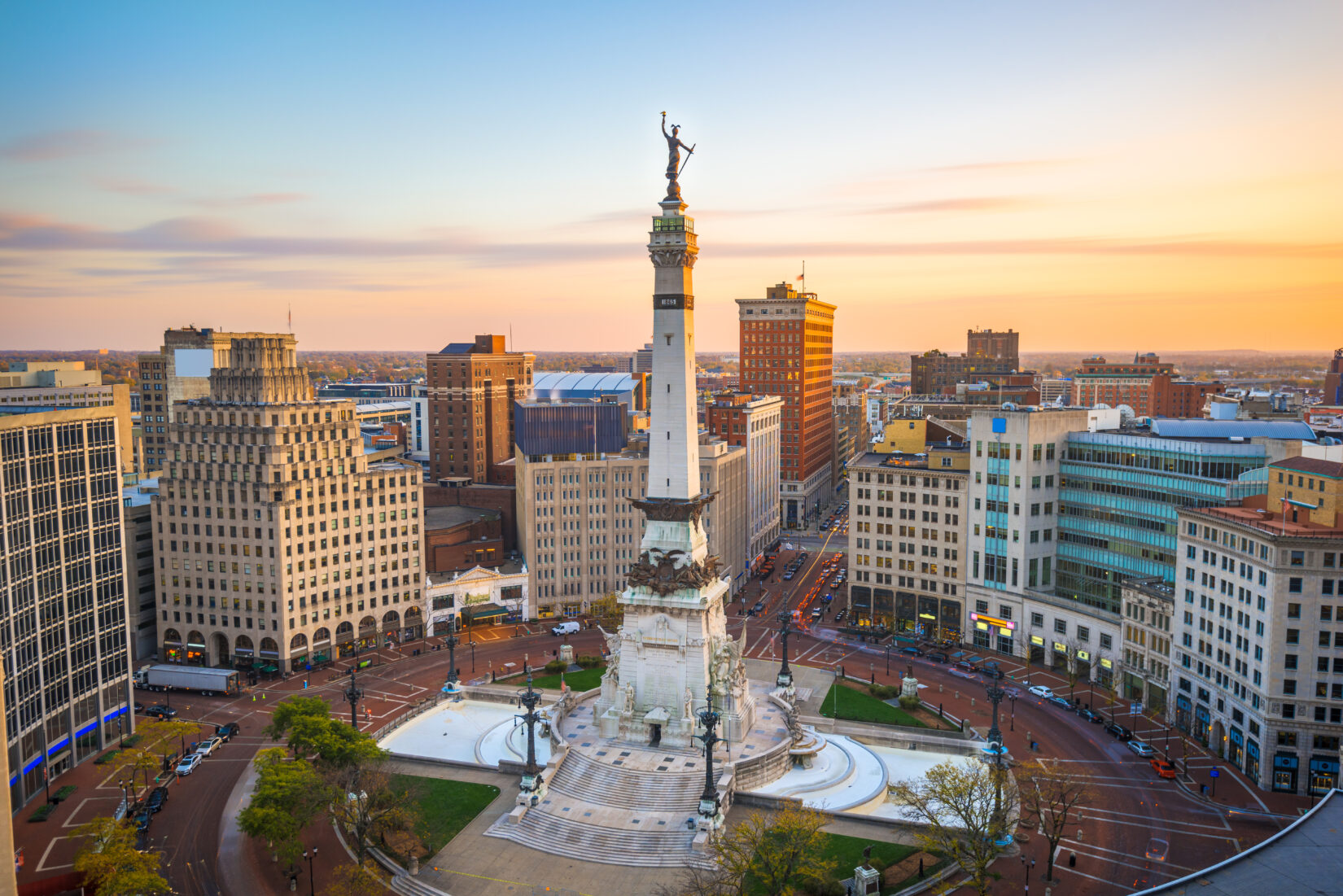 Indianapolis, Indiana, USA skyline over Monument Circle. Aerial photography Indianapolis.