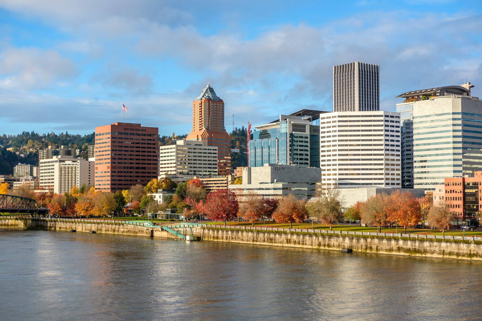 A view of the Portland city skyline against the water.