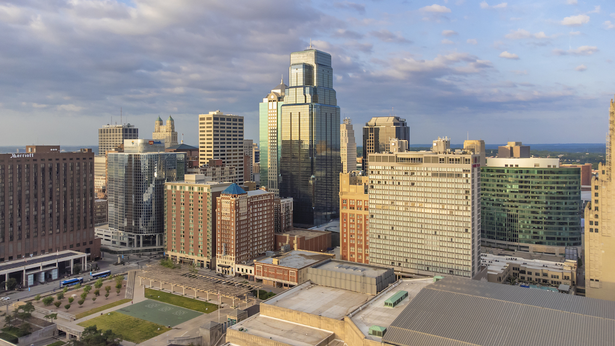 Aerial photography of Kansas City skyline.