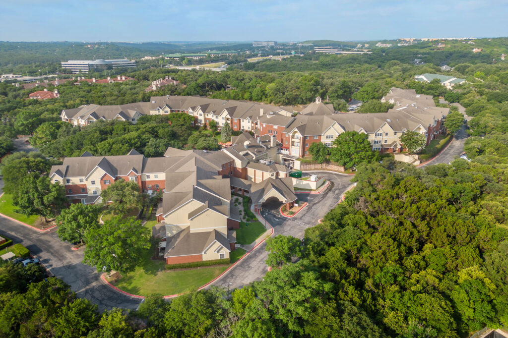 Aerial view of a building complex taken by a drone