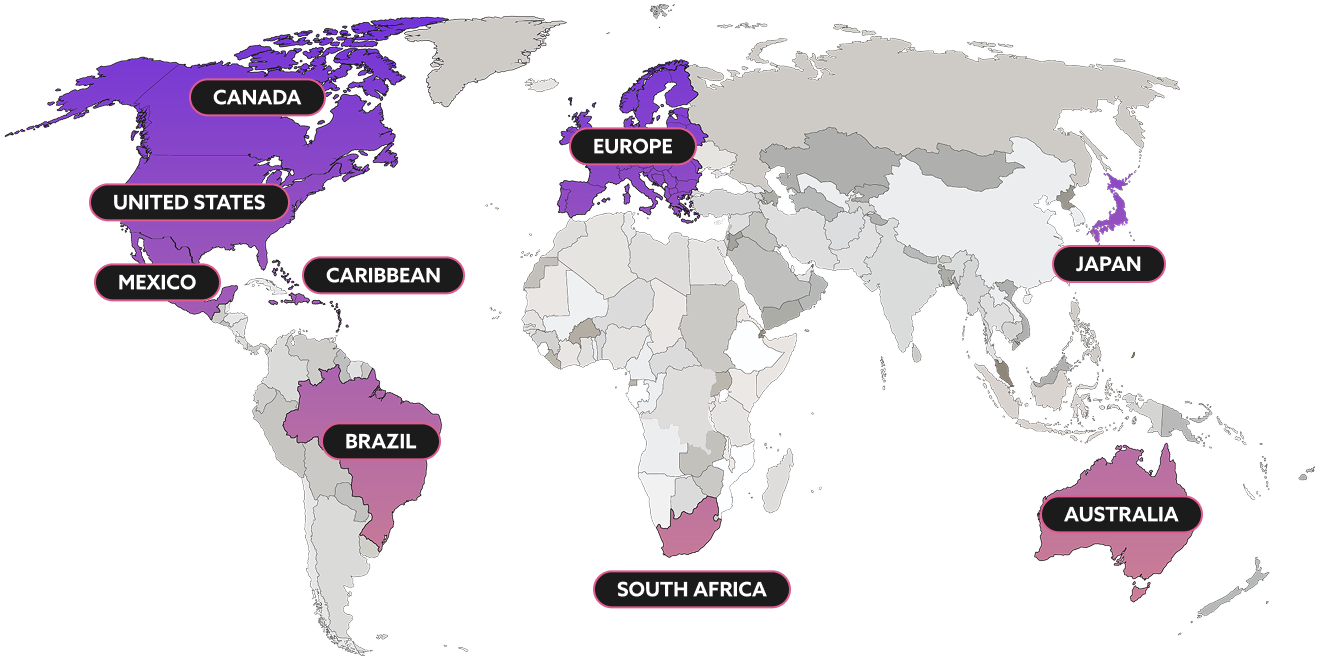 World map highlighting CS3 Photography’s international presence across North America, South America, Europe, Africa, Asia, and Australia.
